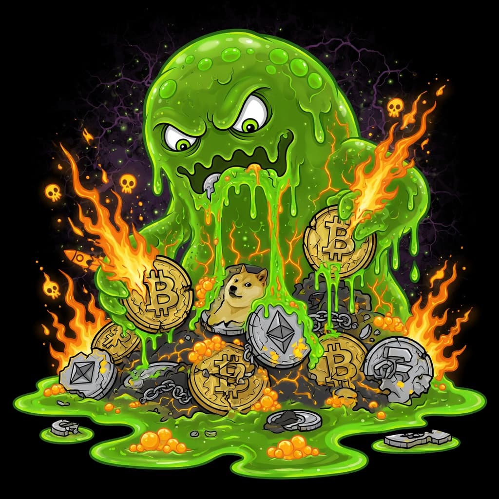 Green slime burning a pile of failed rugs