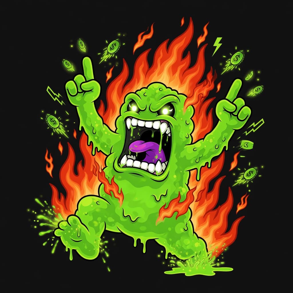 Green slime creature fully on fire roaring