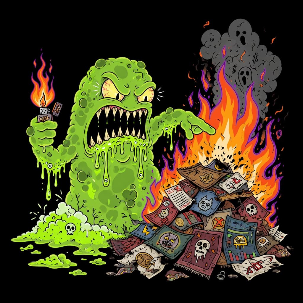 Slime roasting a weak coin over a campfire