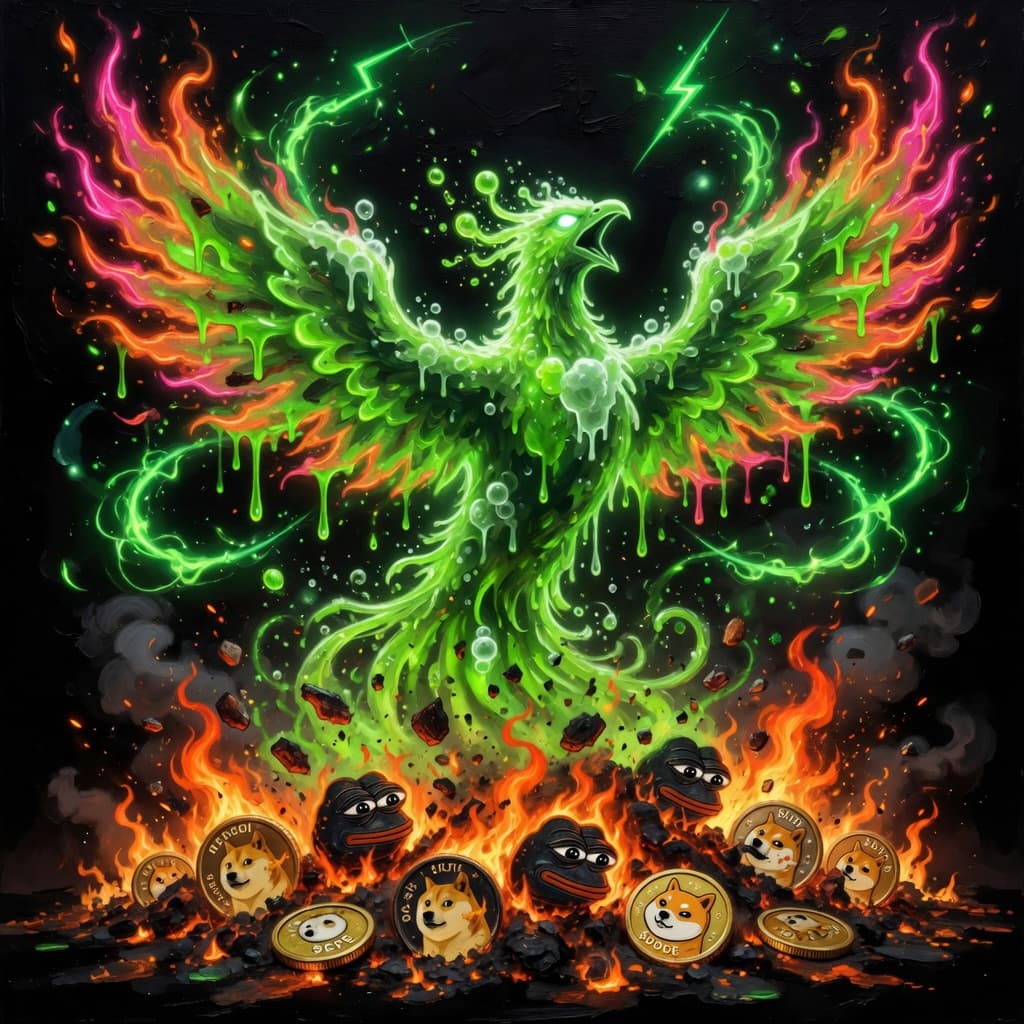 Green slime phoenix rising from burning coins